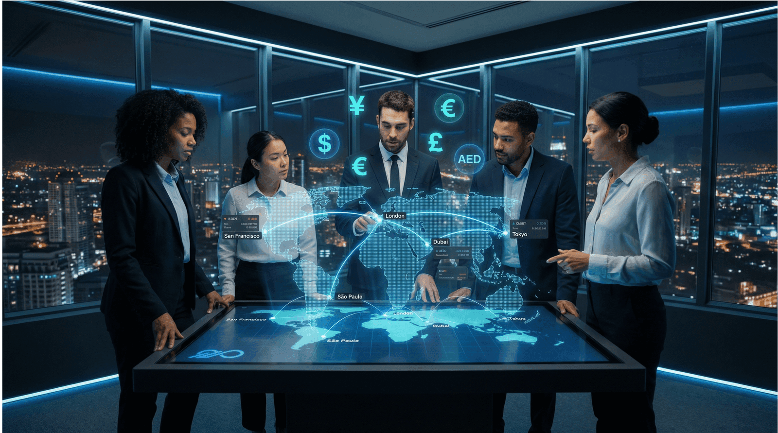 Global team collaborating on financial operations across San Francisco, London, Dubai, São Paulo, and Tokyo