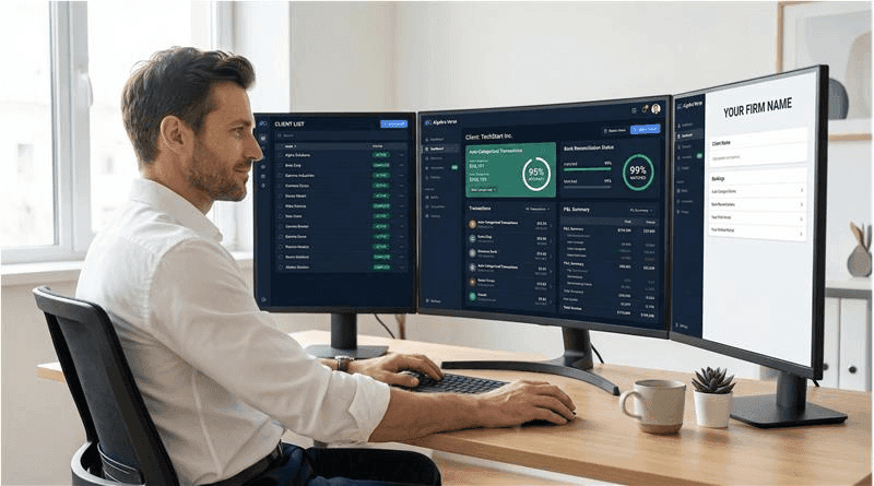Modern accountant managing multiple clients with Algebra Verse - 95% auto-categorization, 99% reconciliation, and white-label branding